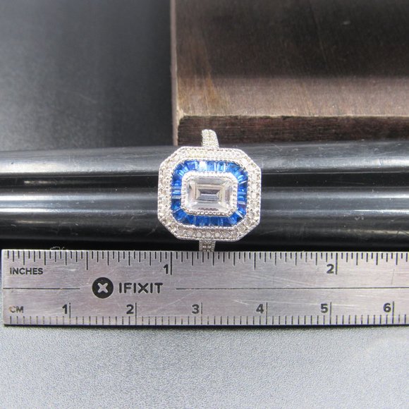 Size 6.25 Sterling Silver Cubic Zirconia & Blue Topaz Fancy Band Ring Vintage - Picture 8 of 9